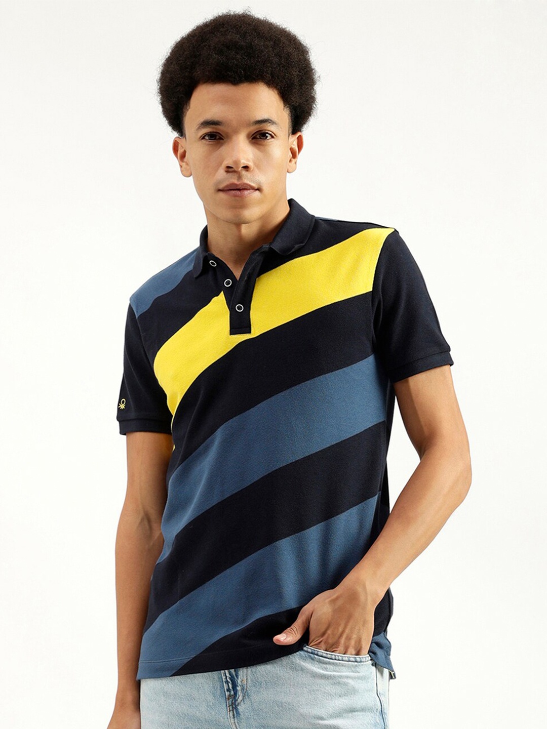

United Colors of Benetton Striped Polo Collar Pure Cotton Regular Fit T-shirt, Black