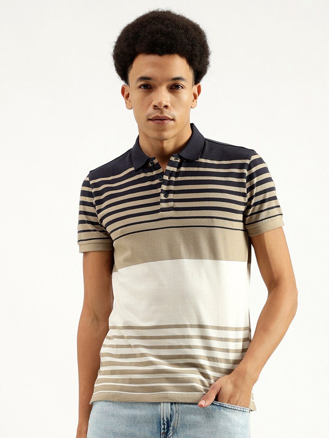 

United Colors of Benetton Striped Polo Collar Pure Cotton T-shirt, Brown