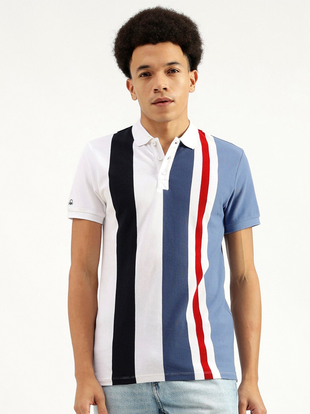 

United Colors of Benetton Striped Polo Collar Short Sleeves Pure Cotton T-shirt, Blue