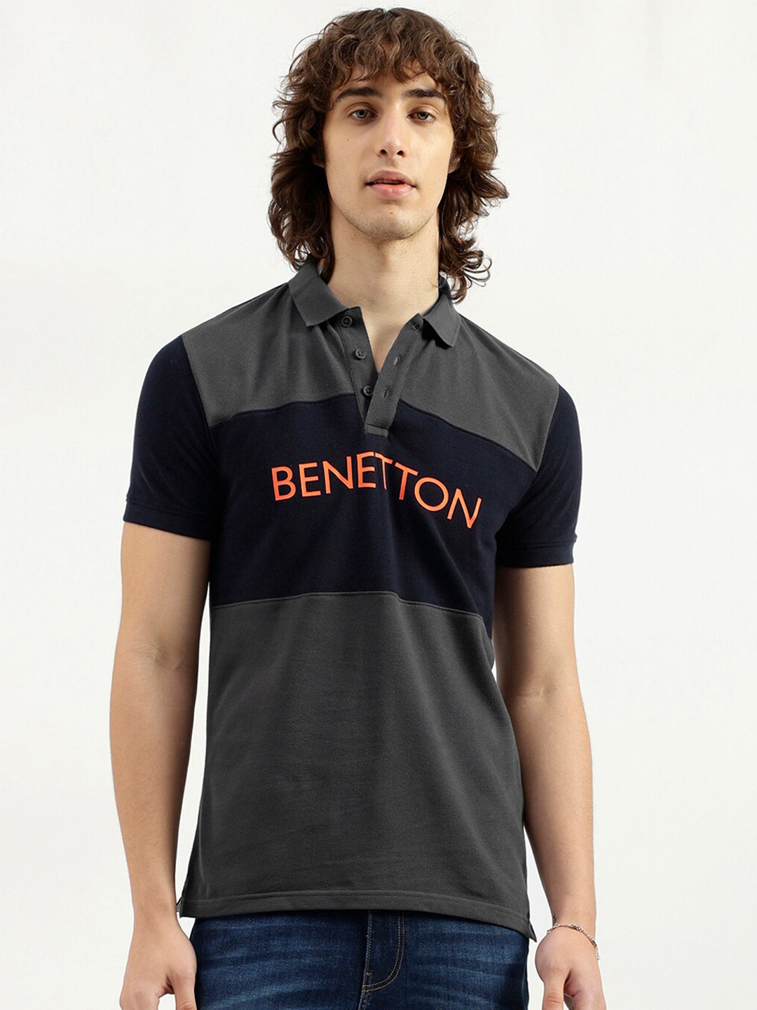 

United Colors of Benetton Colourblocked Polo Collar Short Sleeves Pure Cotton T-shirt, Black