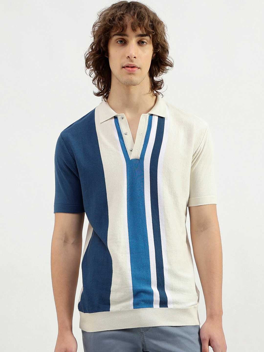 

United Colors of Benetton Striped Polo Collar Pure Cotton T-shirt, White