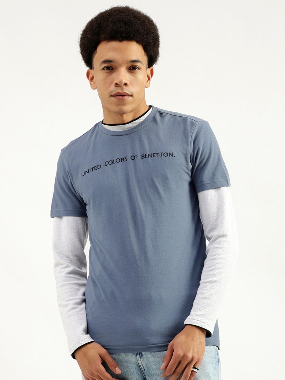 

United Colors of Benetton Round Neck Short Sleeves Pure Cotton Regular Fit T-shirt, Blue