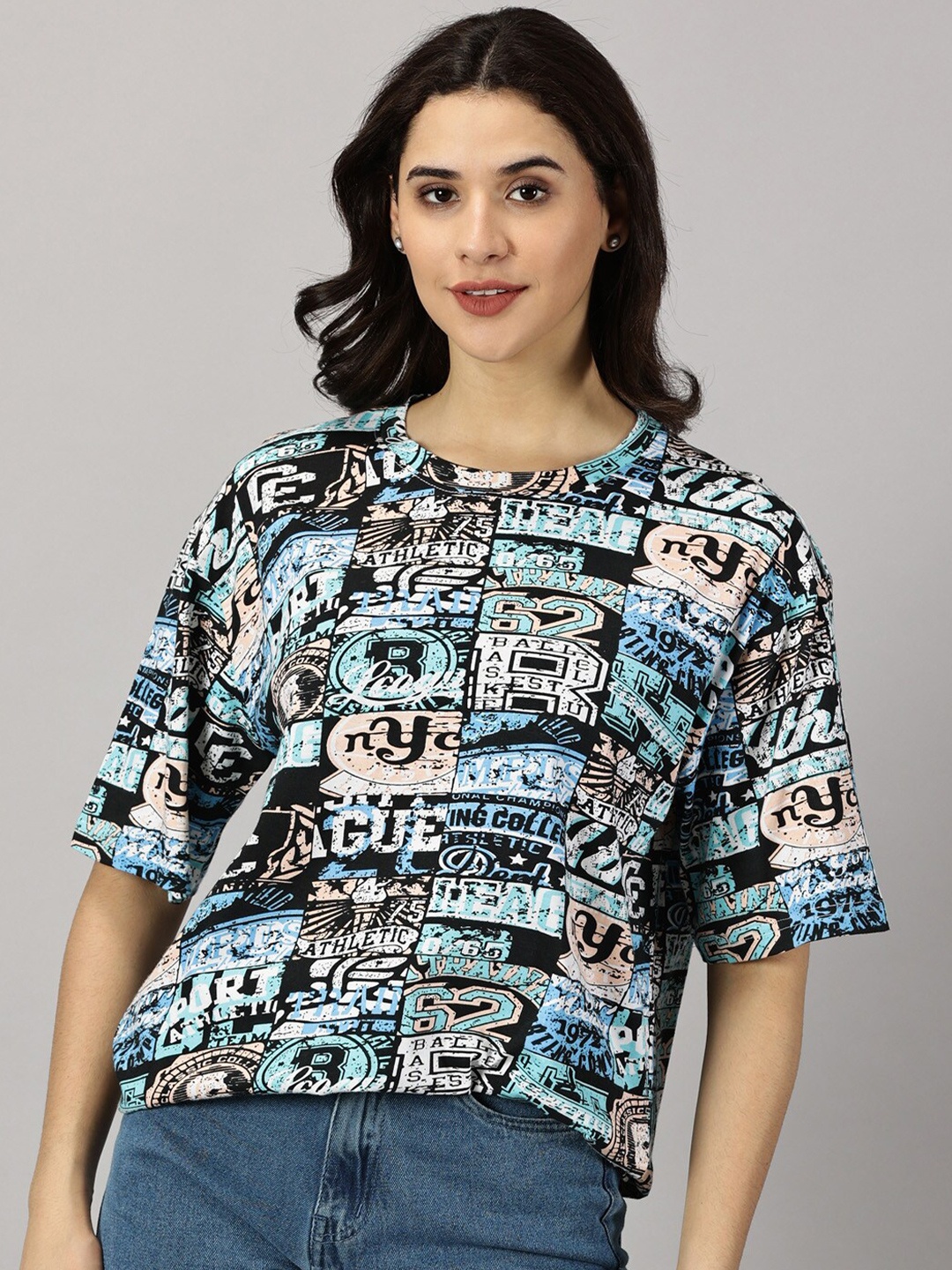 

Rodzen Typography Printed Pure Cotton Oversized T-shirt, Blue