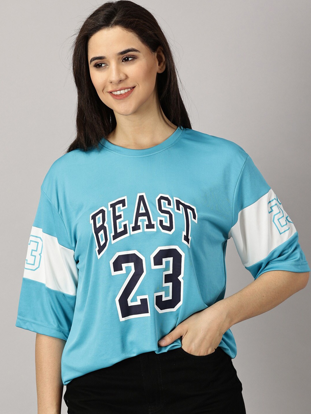 Rodzen Typography Printed Oversized T-shirt, Blue