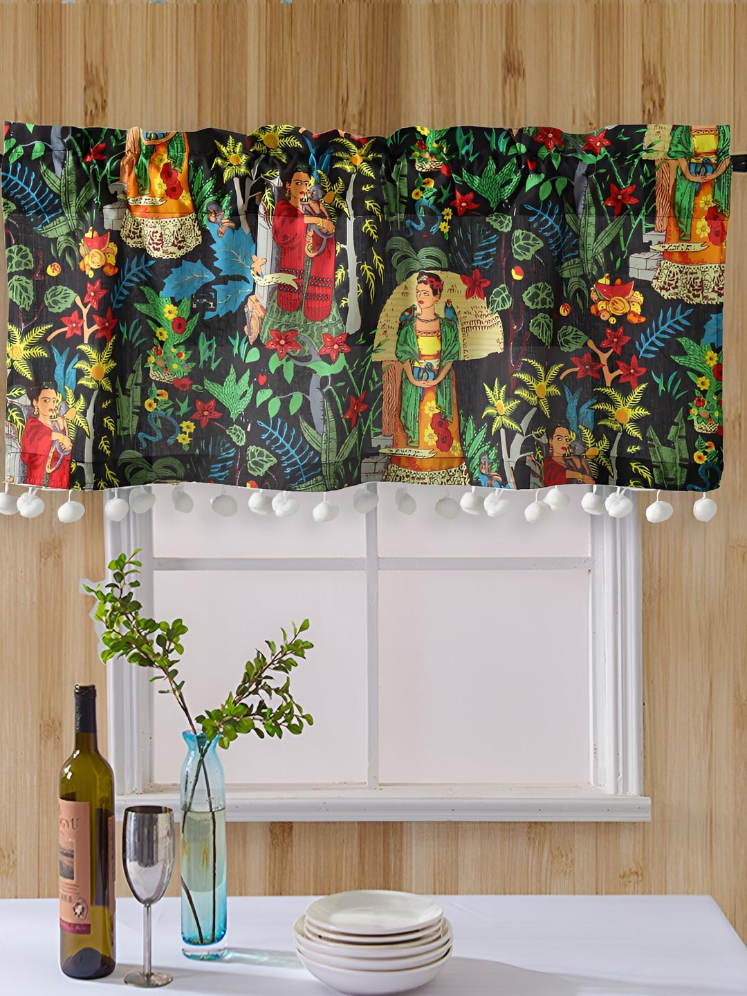 

HANDICRAFT PALACE Black & Red Ethnic Motifs Rod Pocket Cotton Window Kitchen Curtains