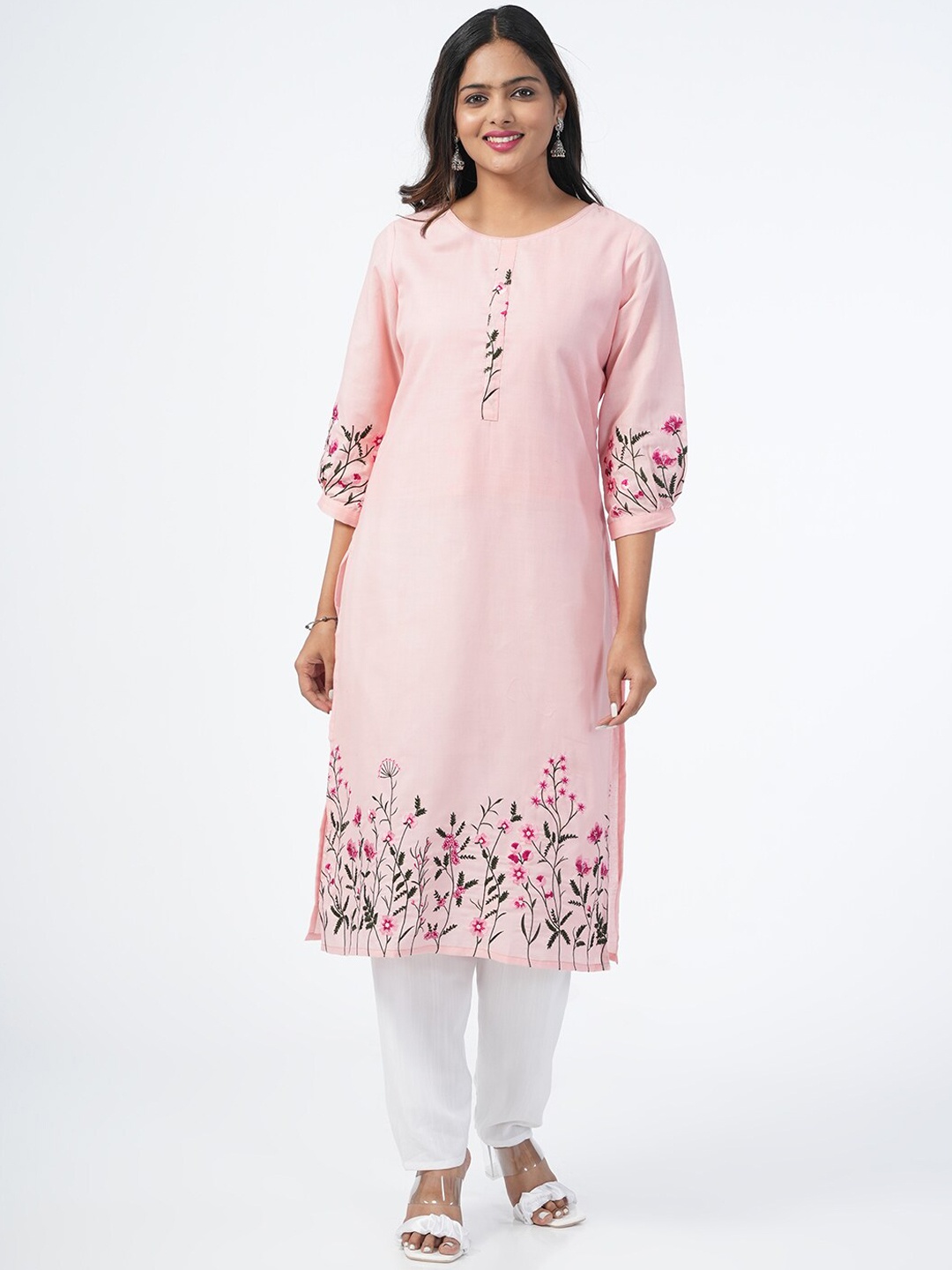 Genius18 Floral Round Neck Three-Quarter Sleeves Thread Work Cotton Kurta, Pink