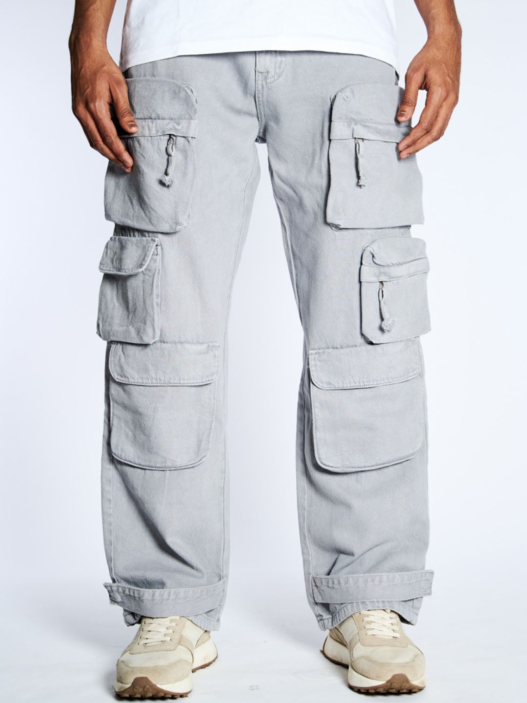 

7Shores Men Classic Mid-Rise Regular Fit Cotton Cargos Trousers, Grey
