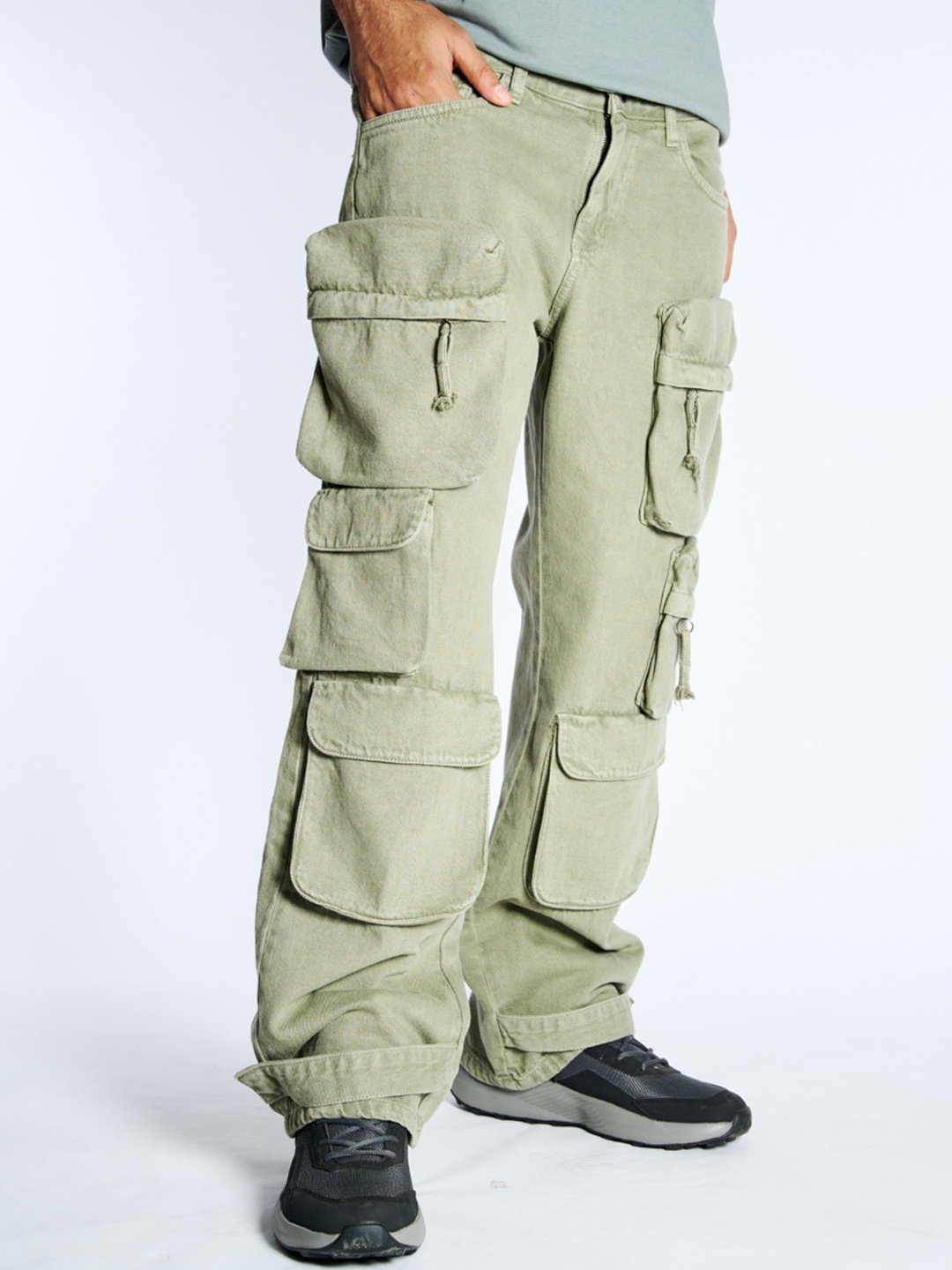 

7Shores Men Classic Mid-Rise Regular Fit Cotton Cargos Trousers, Green