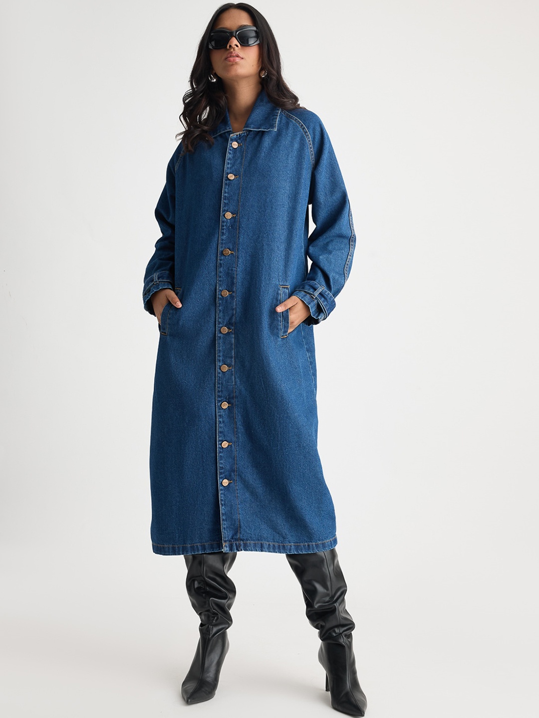 

FREAKINS Longline Pure Cotton Denim Jacket, Blue
