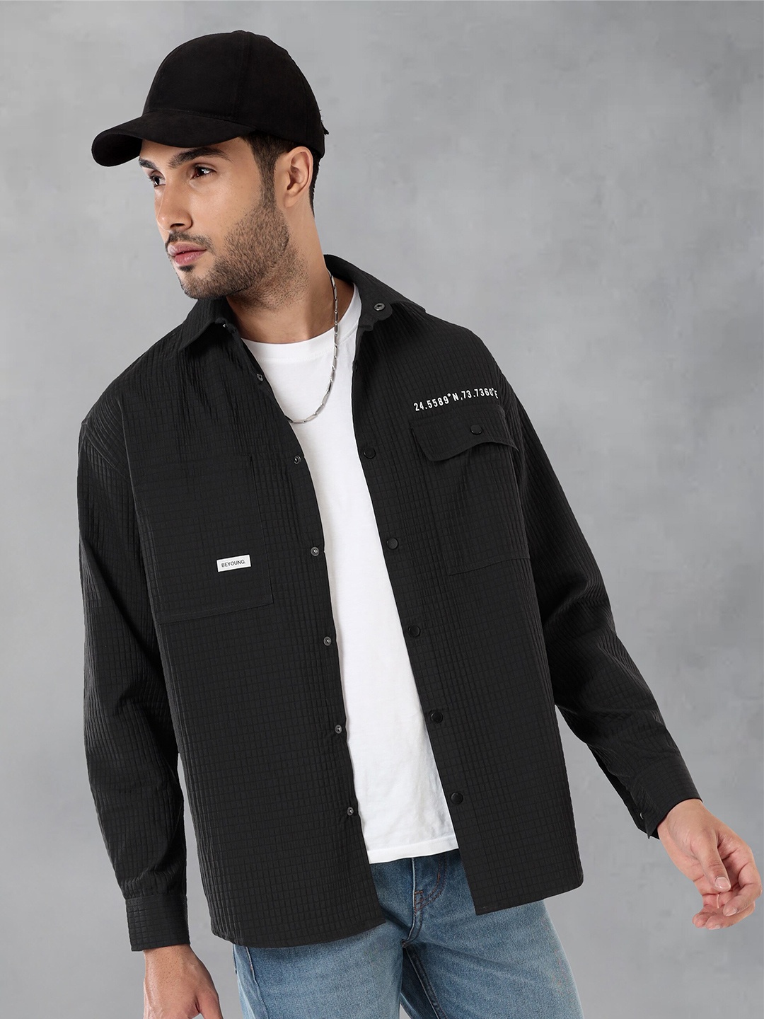 

Beyoung Classic Textured Spread Collar Long Sleeves Shacket, Black