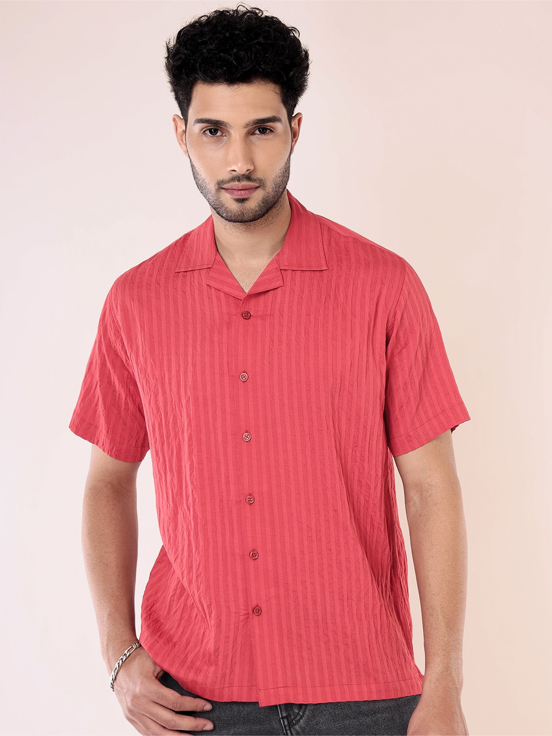 

Beyoung Classic Vertical Stripes Oversized Cuban Collar Cotton Casual Shirt, Red