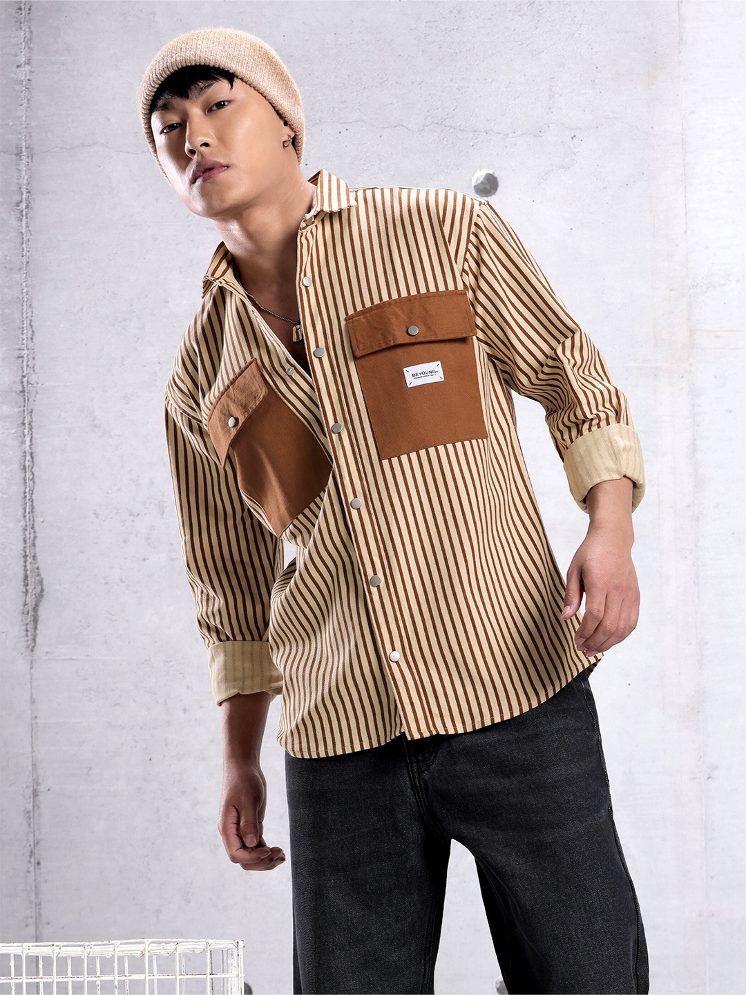 

Beyoung Classic Vertical Stripes Spread Collar Oversized Cotton Casual Urban Shirt, Brown