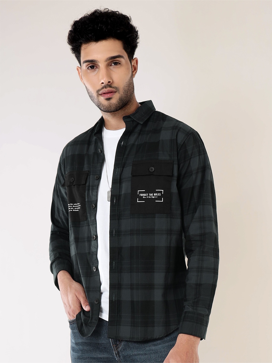 

Beyoung Classic Opaque Printed Checked Pockets Casual Shirt, Blue