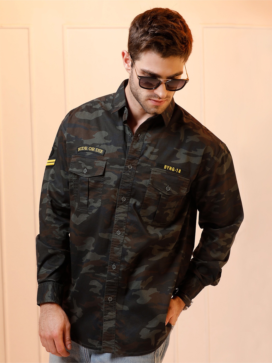 

Beyoung Classic Camouflage Spread Collar Long Sleeves Cotton Casual Shirt, Green