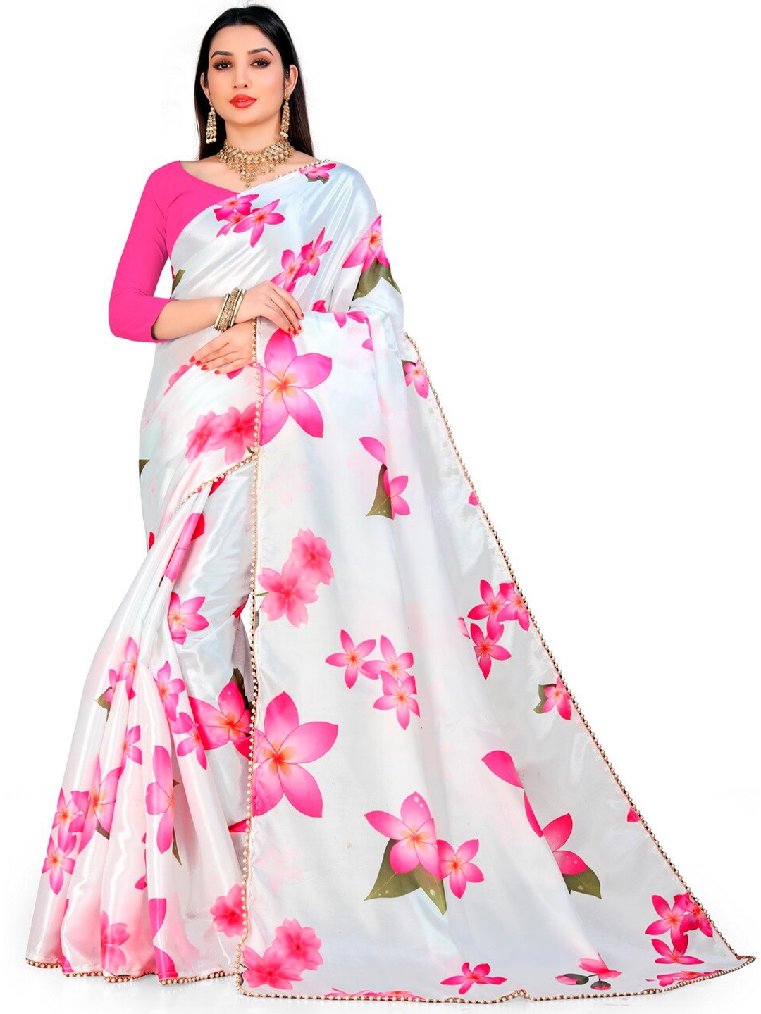 

vanraj creation Floral Printed Satin Sarees, Pink