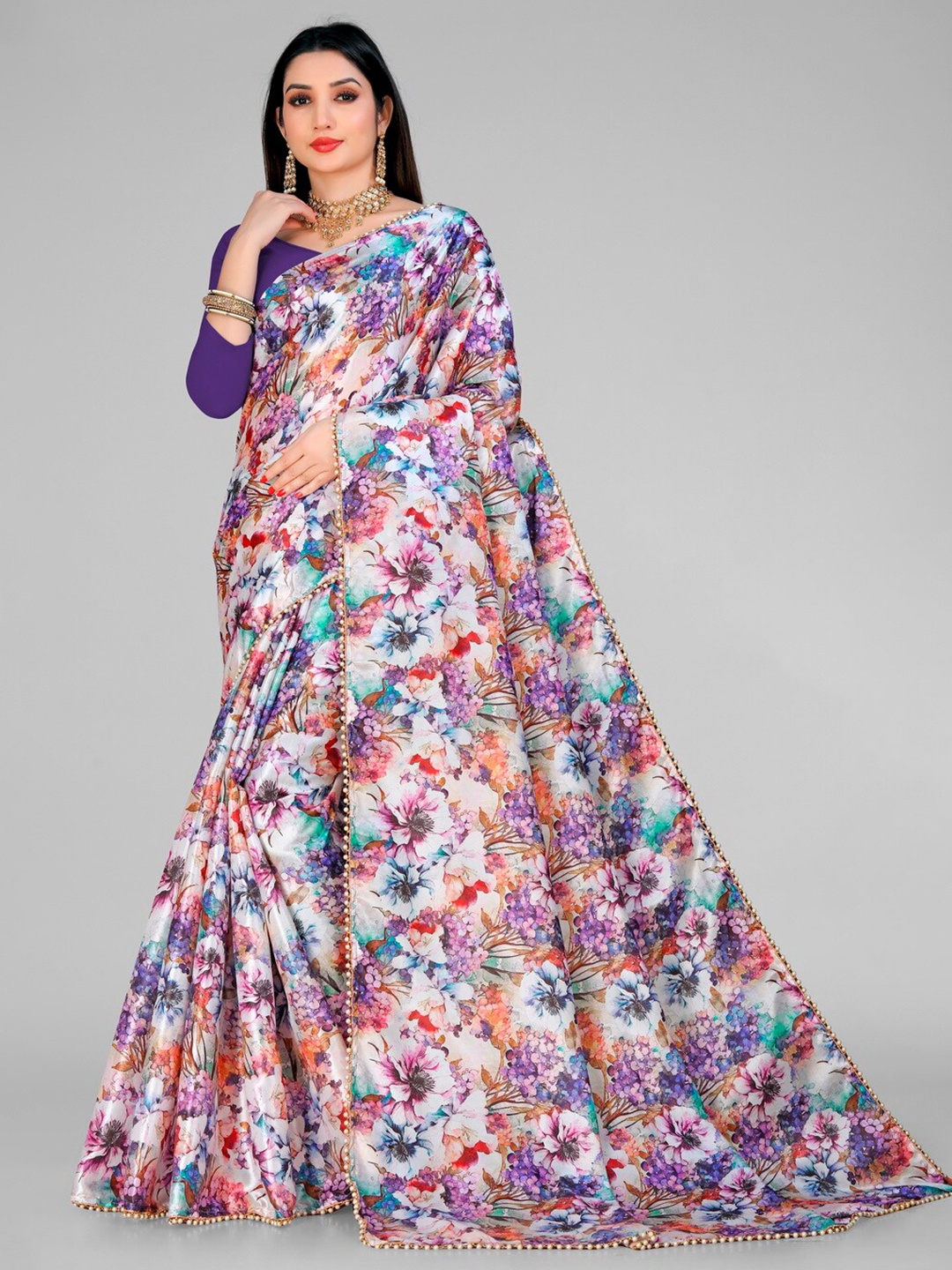 

vanraj creation Floral Printed Satin Sarees, Lavender