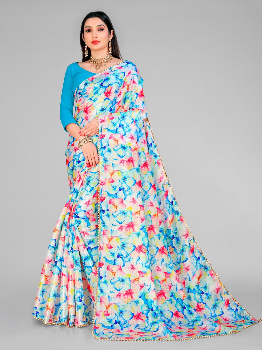 

vanraj creation Floral Printed Satin Sarees, Blue