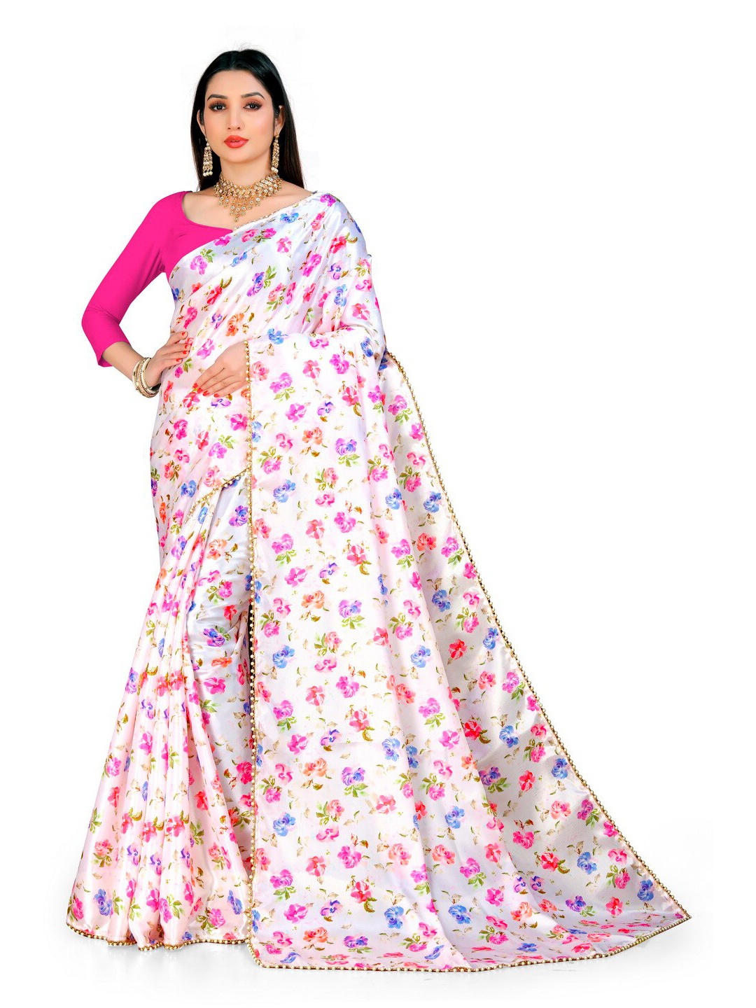 

vanraj creation Floral Printed Satin Sarees, Pink