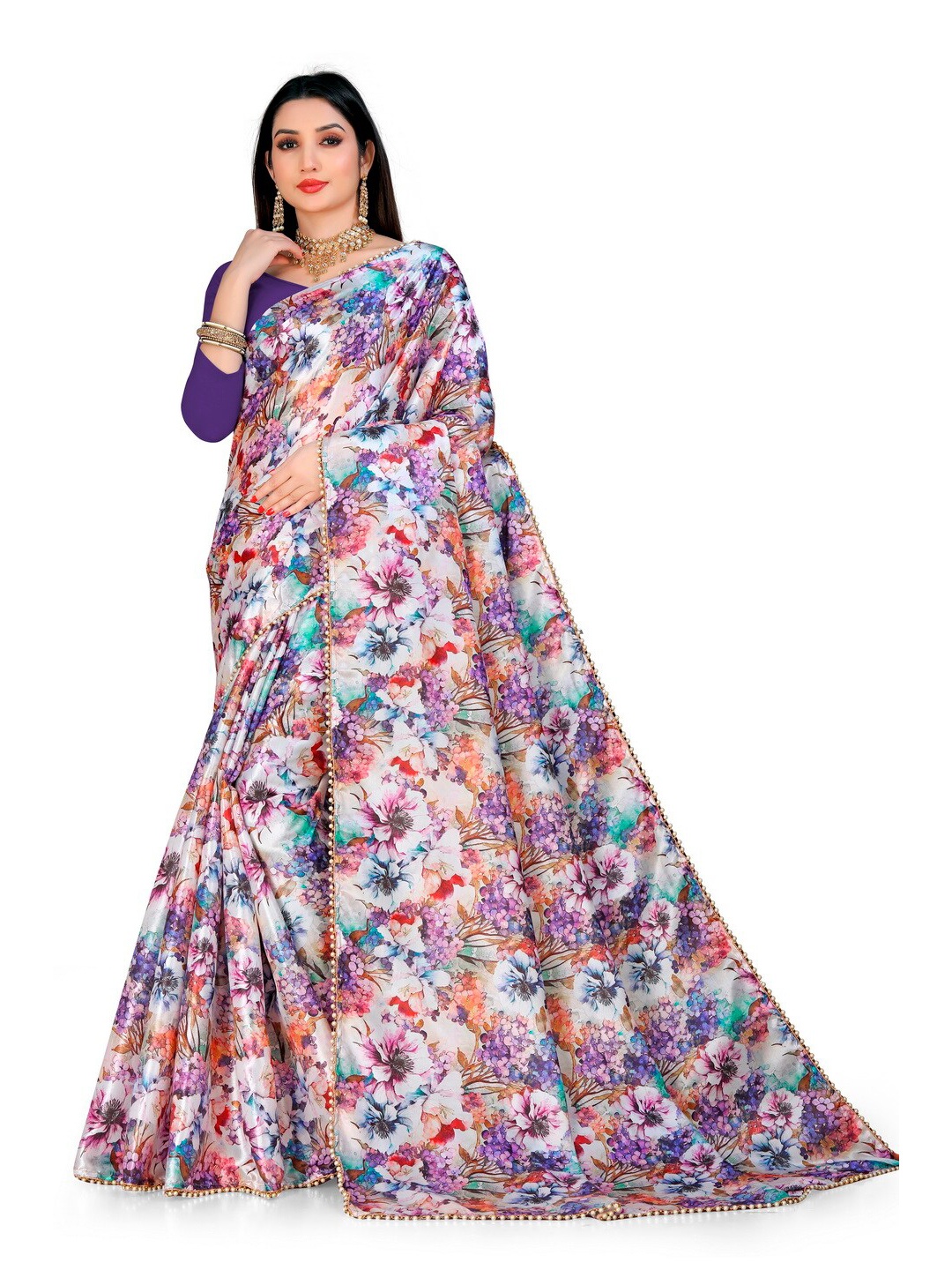 

vanraj creation Floral Printed Satin Sarees, Lavender