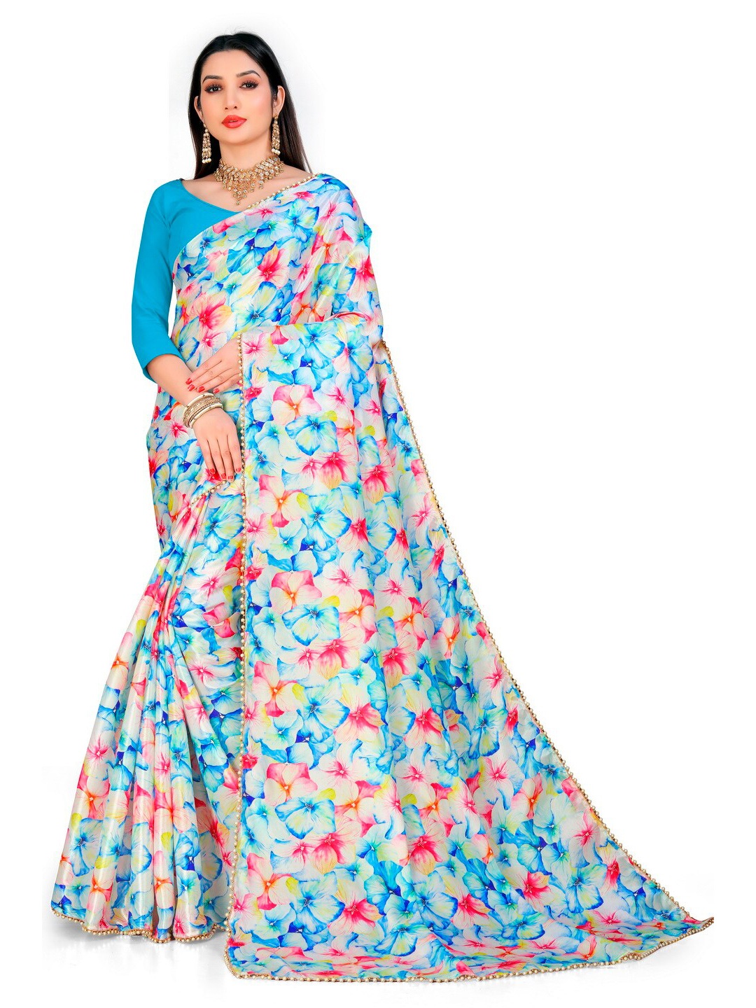 

vanraj creation Floral Printed Satin Sarees, Blue