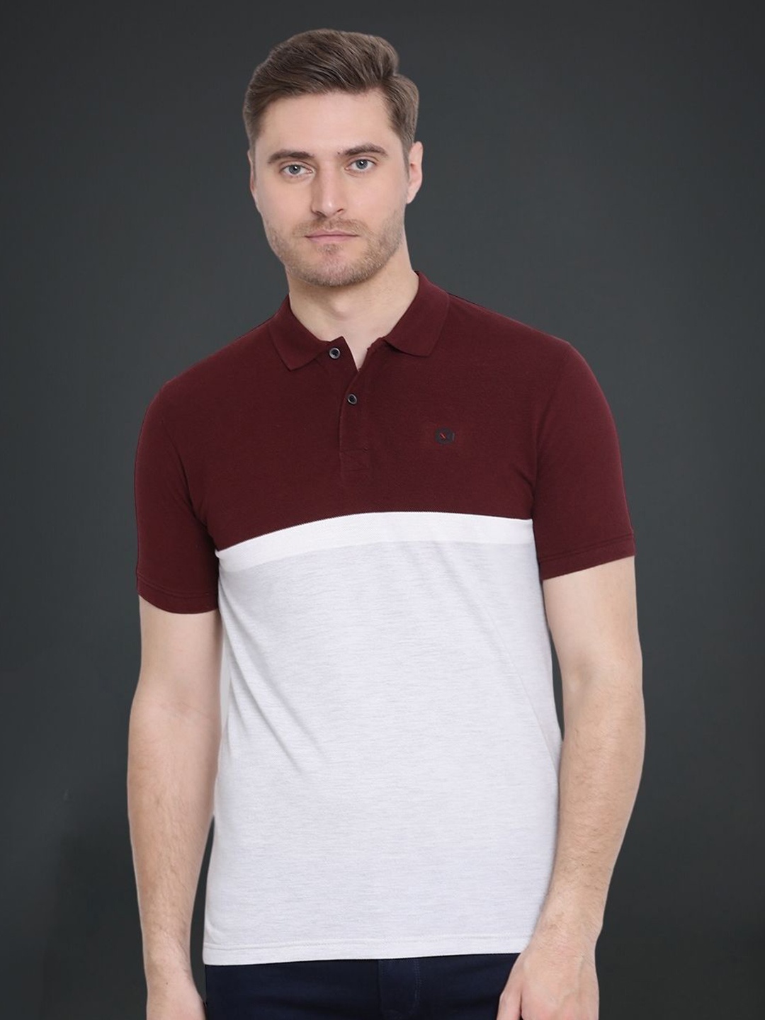 

AXMANN Colourblocked Polo Collar Casual T-shirt, Grey melange