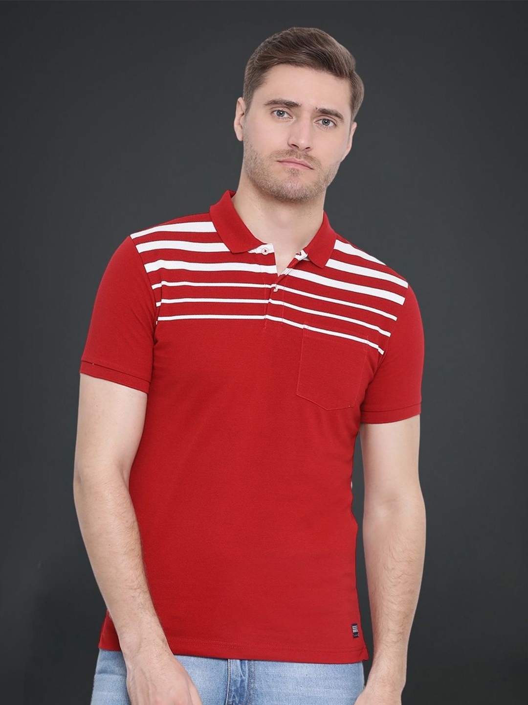 

AXMANN Striped Polo Collar Cotton T-shirt, Red