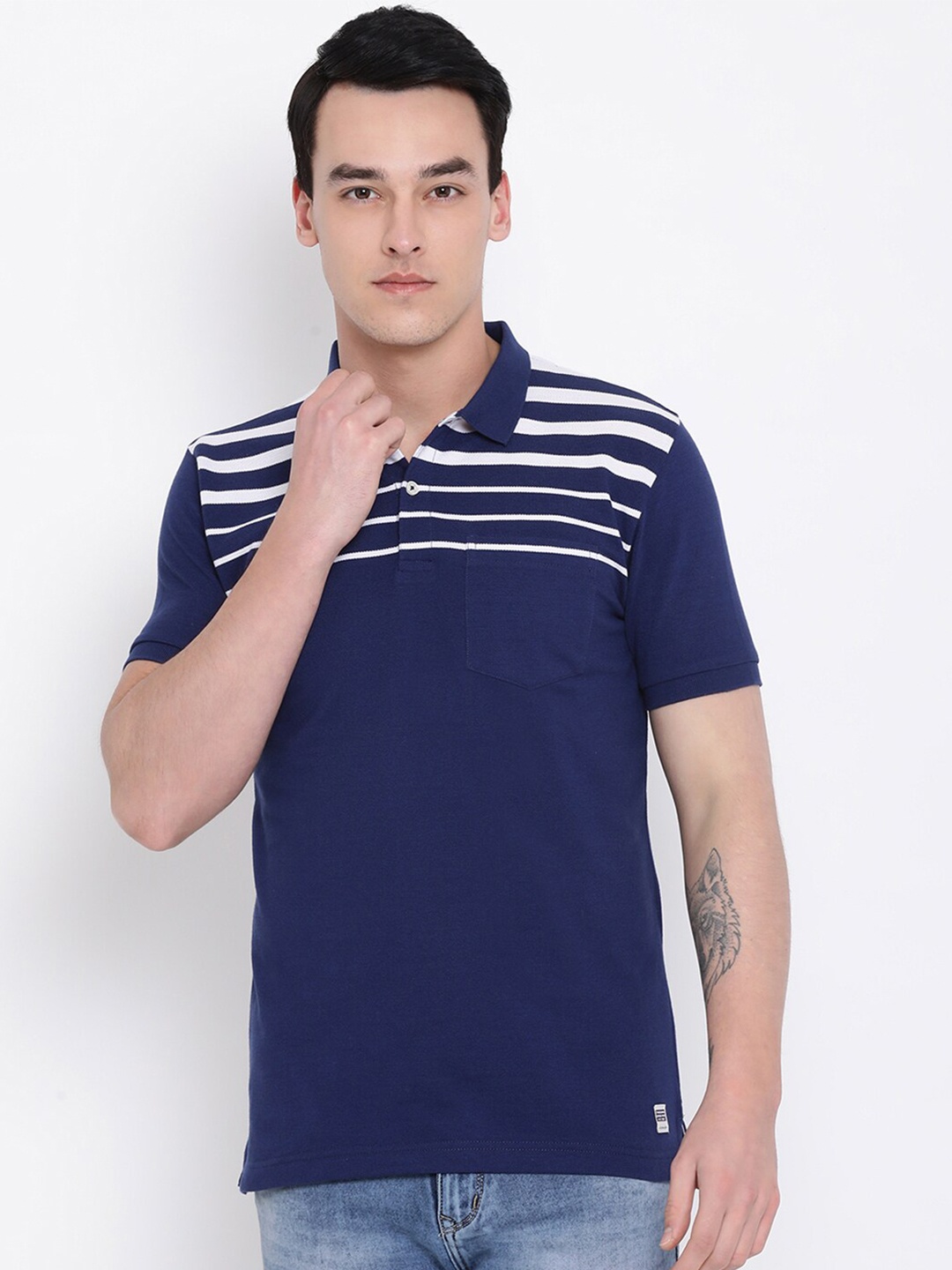 

AXMANN Striped Polo Collar Cotton Knitted T-shirt, Blue