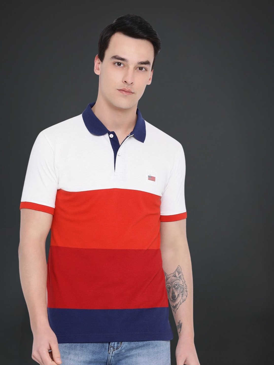 

AXMANN Colourblocked Cotton Knitted Polo Collar T-shirt, Red