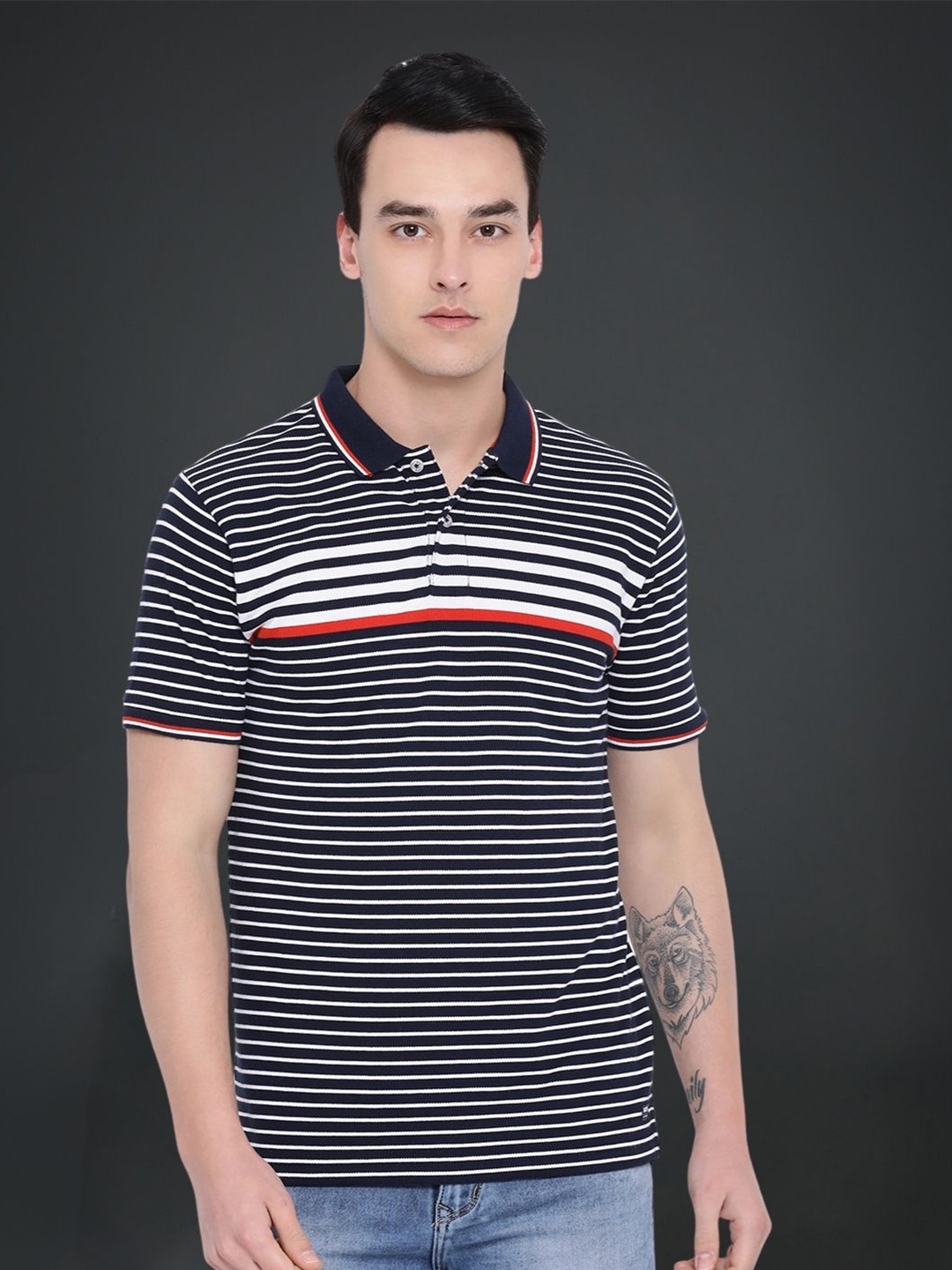 

AXMANN Striped Polo Collar Short Sleeves Cotton T-shirt, Navy blue