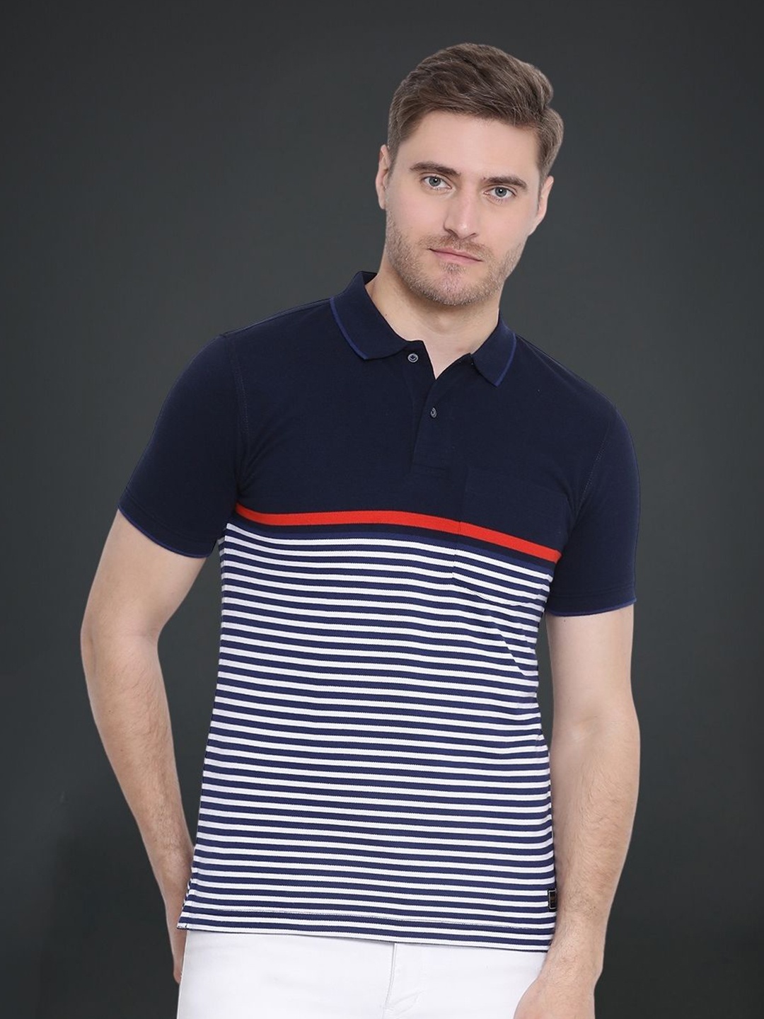 

AXMANN Striped Polo Collar Cotton Knitted T-shirt, Navy blue