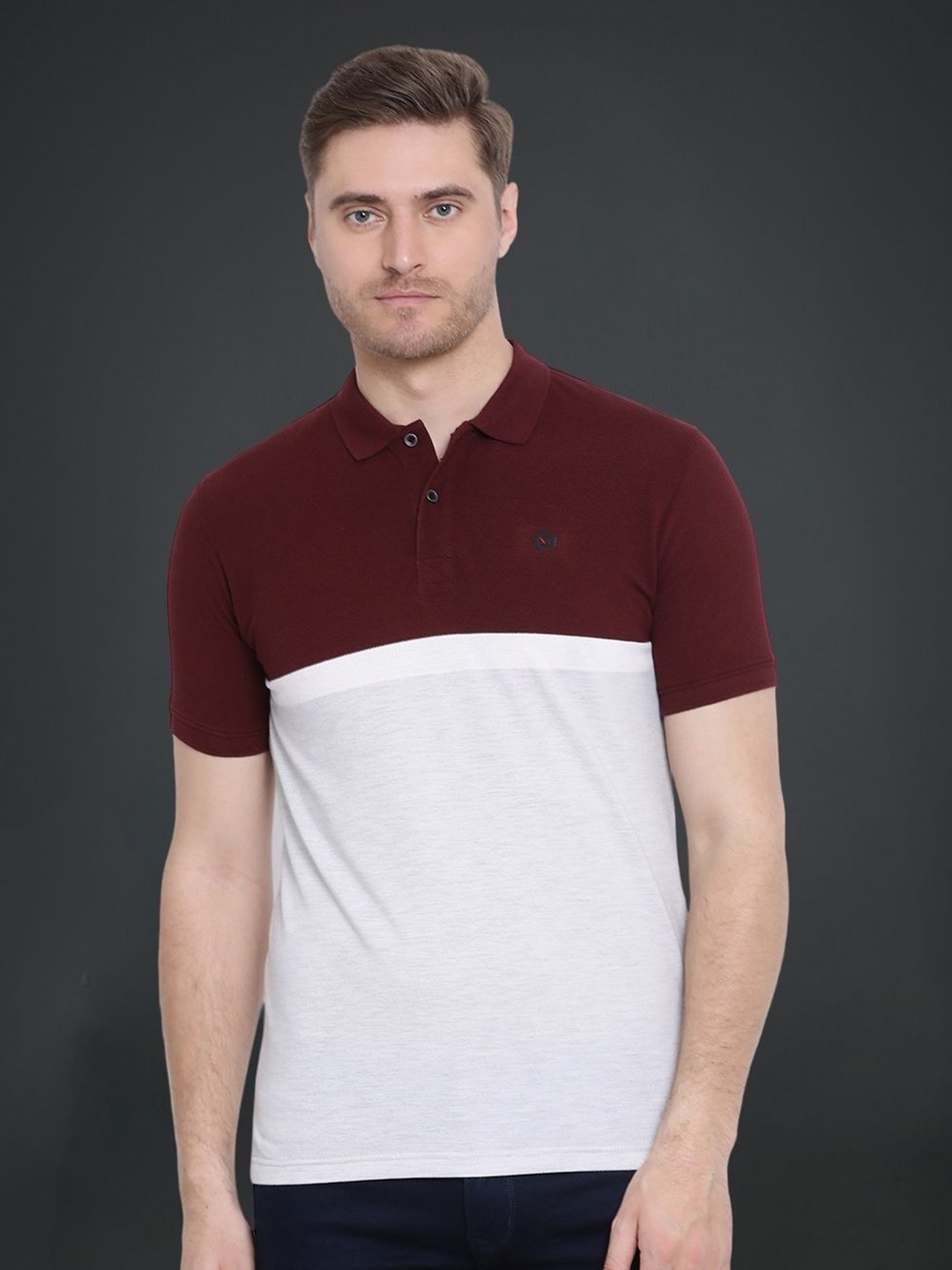 

AXMANN Colourblocked Polo Collar Casual T-shirt, Grey melange
