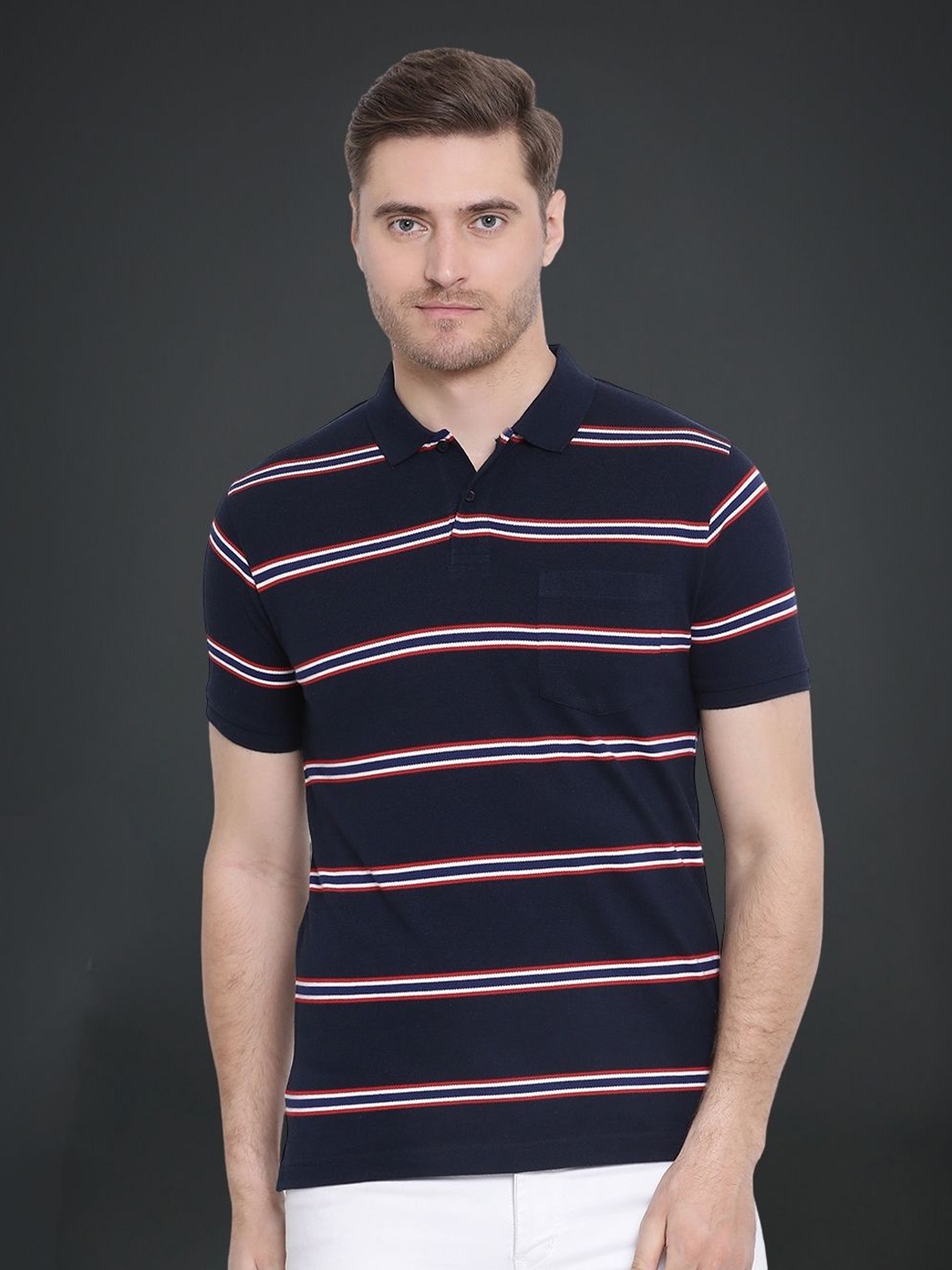 

AXMANN Striped Polo Collar Short Sleeves T-shirt, Navy blue