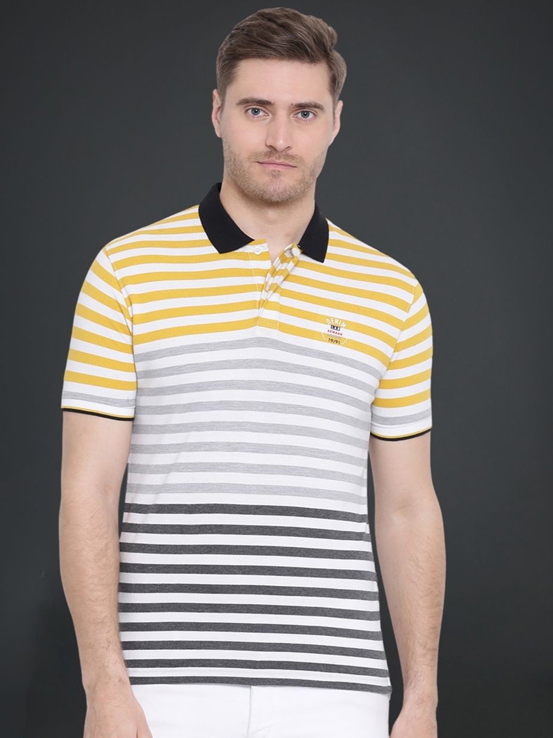 

AXMANN Striped Polo Collar Short Sleeves Cotton T-shirt, Yellow
