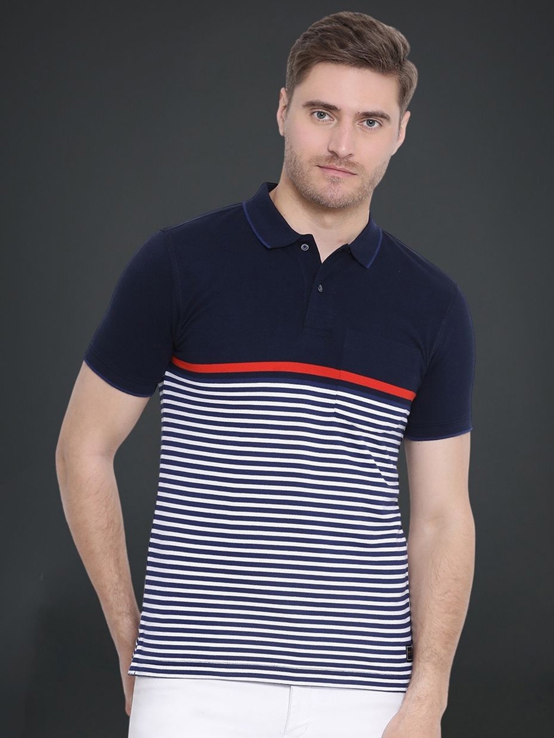 

AXMANN Striped Polo Collar Cotton Knitted T-shirt, Navy blue
