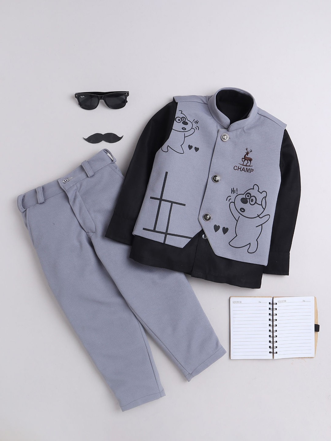 

FOURFOLDS Boys Printed Mandarin Collar Single-Breasted 2 Piece Party Suit, Grey