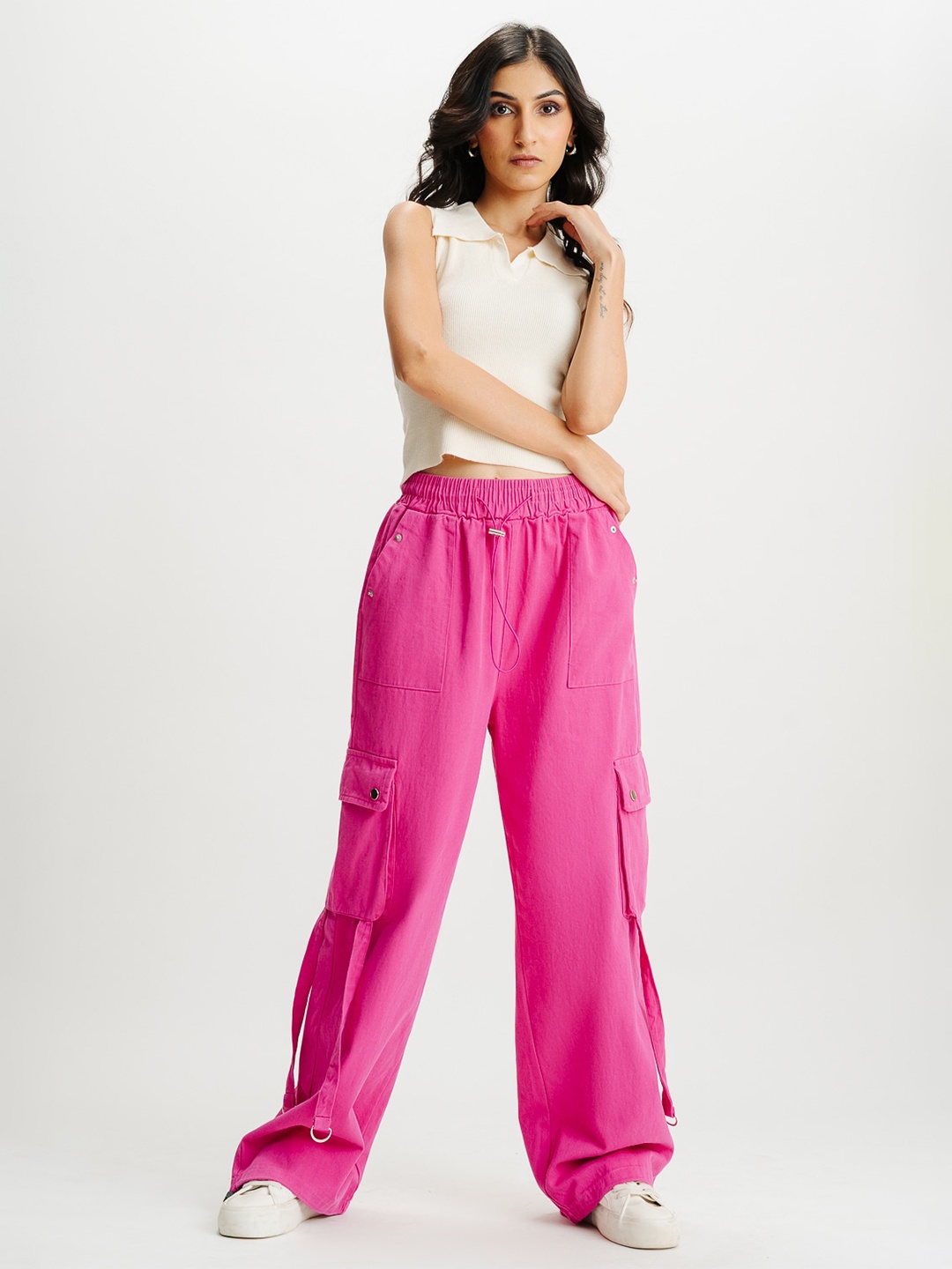 

FREAKINS Shirt Collar Sleeveless Cotton Crop Top, Cream