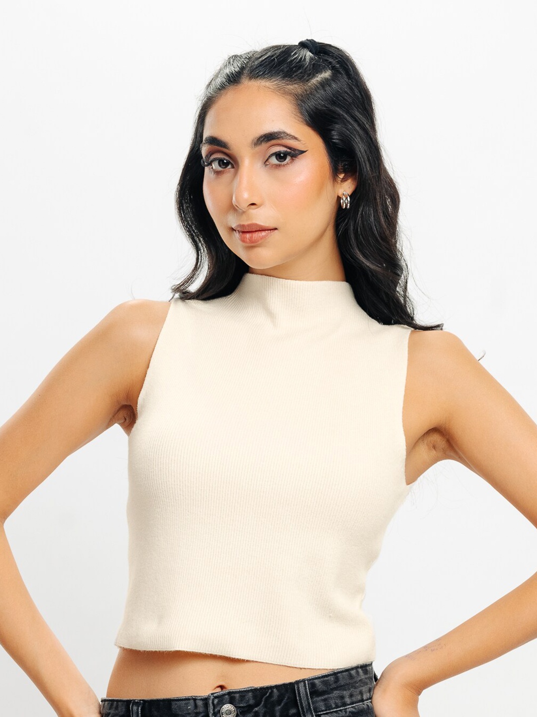 

FREAKINS High Neck Ribbed Sleeveless Cotton Crop Top, Cream