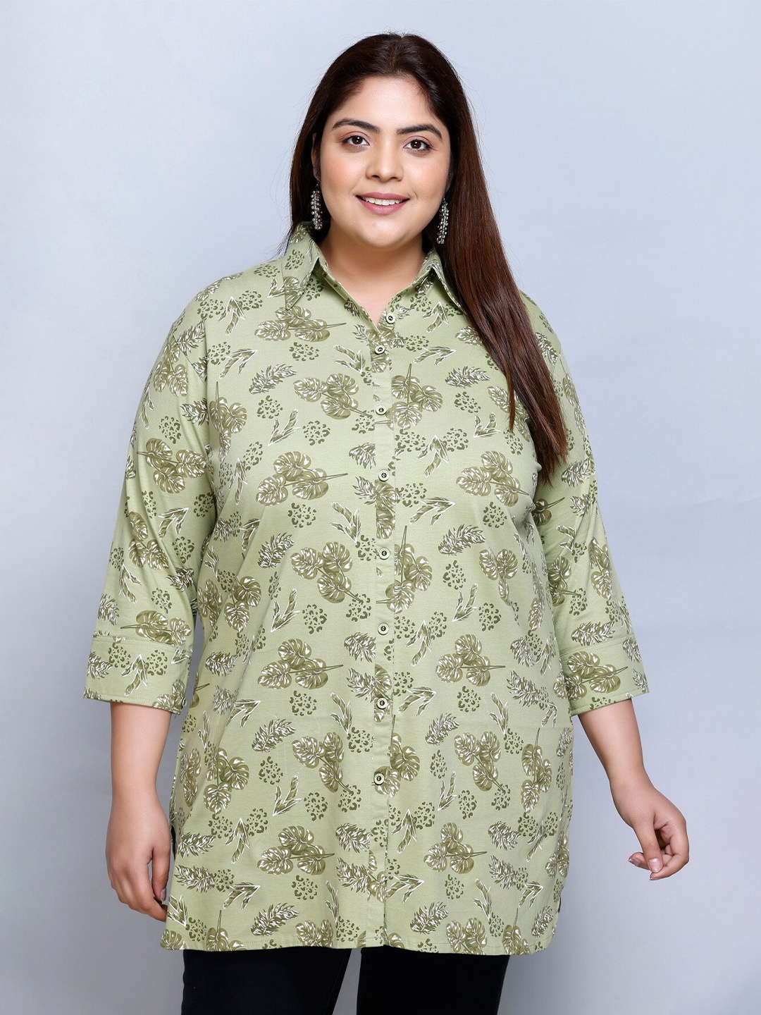 

IN Love Plus Size Classic Floral Printed Cotton Longline Casual Shirt, Green