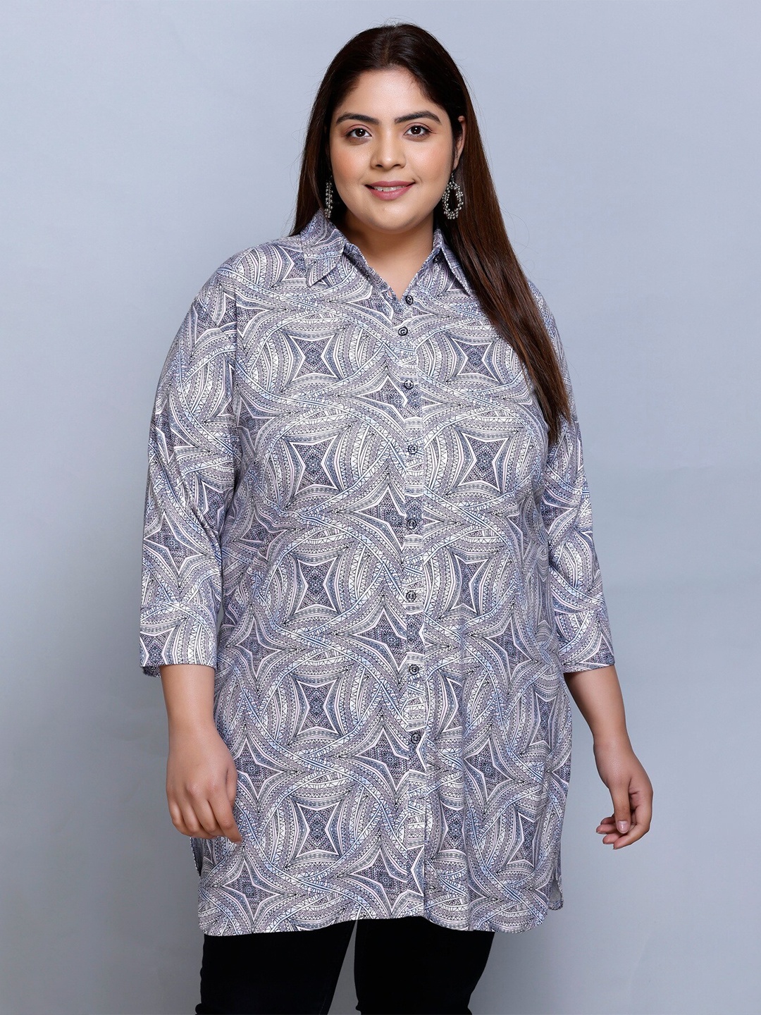 

IN Love Plus Size Classic Abstract Printed Cotton Longline Casual Shirt, Multi