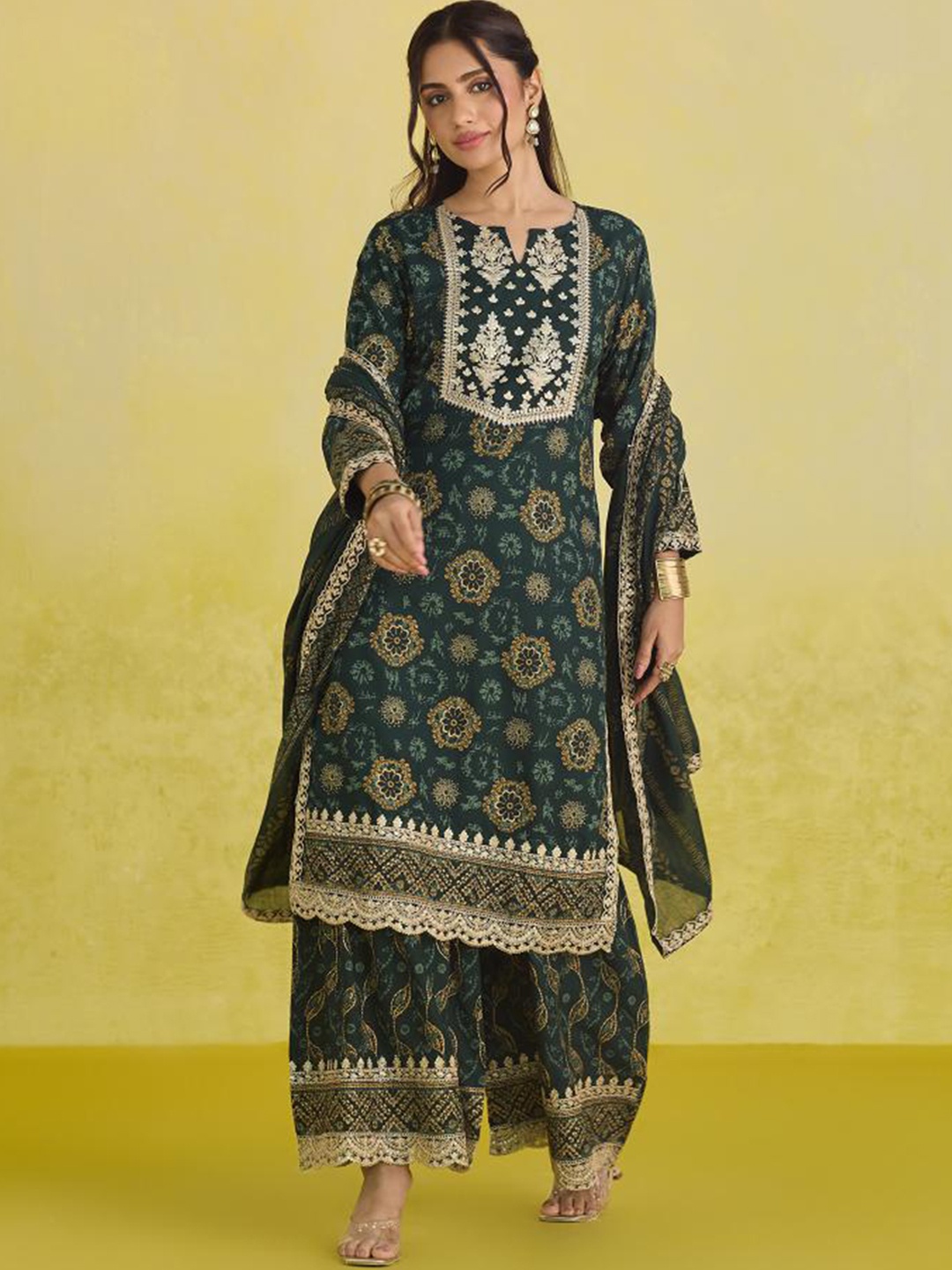

Anouk Green Ethnic Motifs Printed Regular Pure Cotton Kurta With Sharara & Dupatta