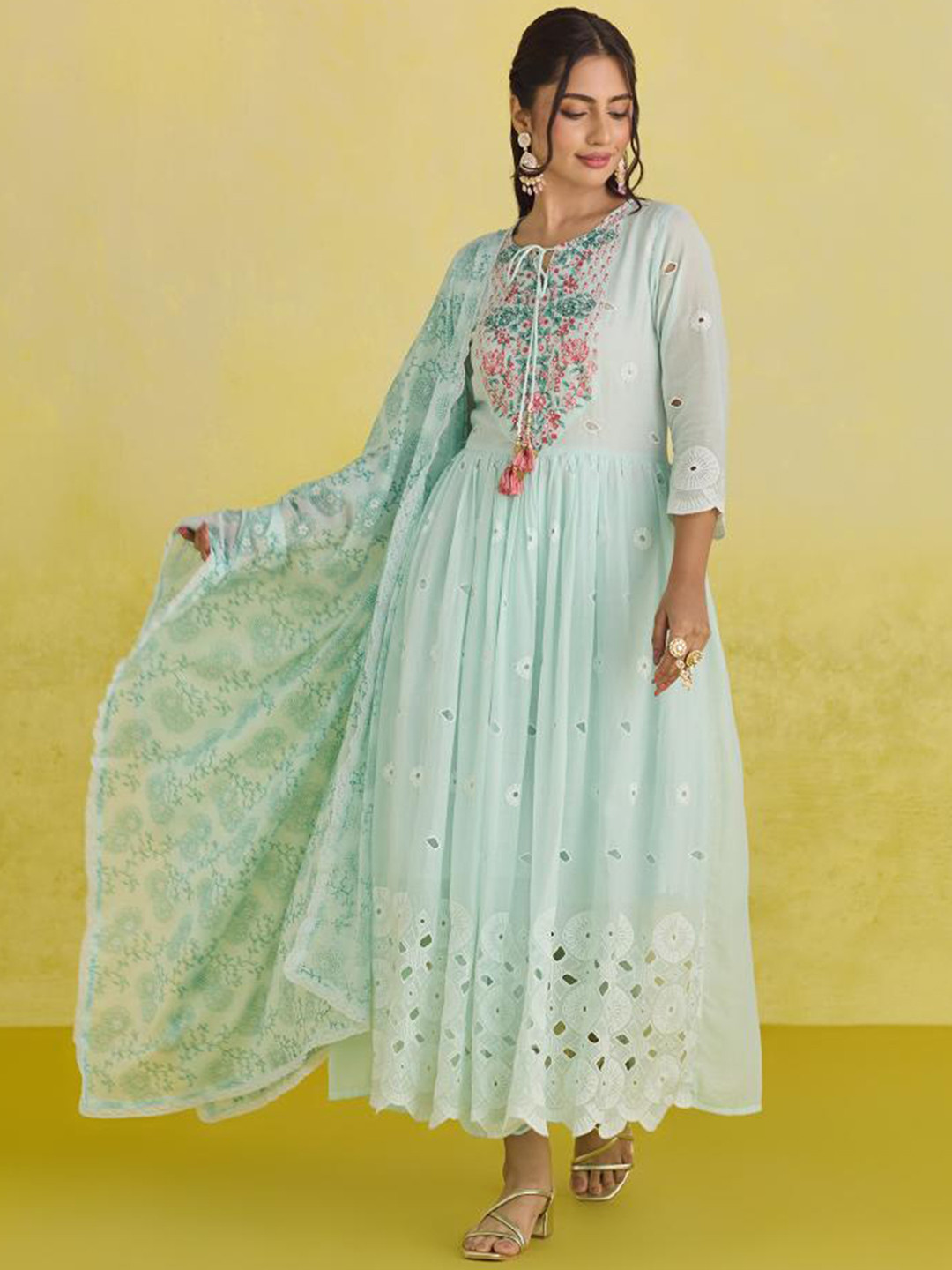 

Anouk Blue Ethnic Motifs Embroidered Thread Work Pure Cotton Kurta With Trousers & Dupatta