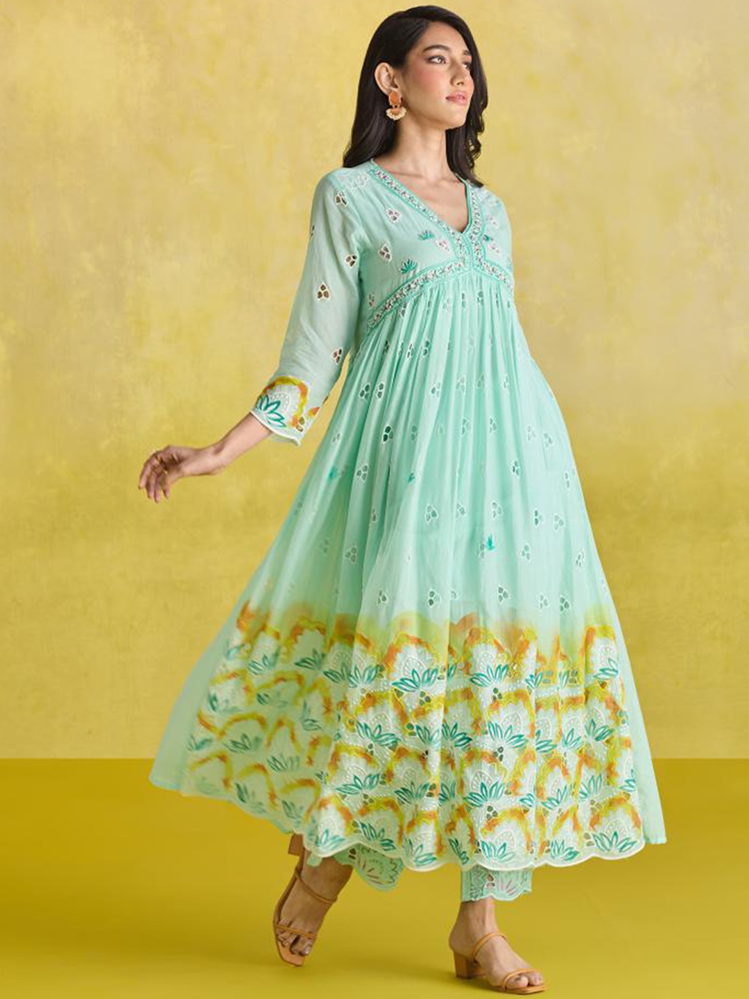 

Anouk Ethnic Motifs Embroidered Regular Pure Cotton Kurta With Plazzos & Dupatta, Blue