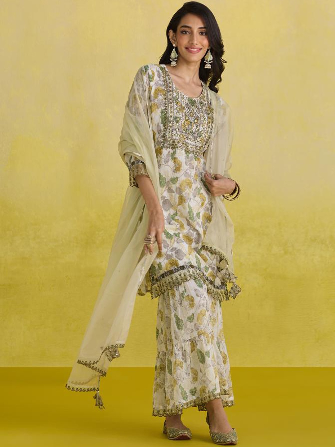 

Anouk Ethnic Motifs Printed Thread Work Pure Cotton Kurta with Palazzos & Dupatta, White