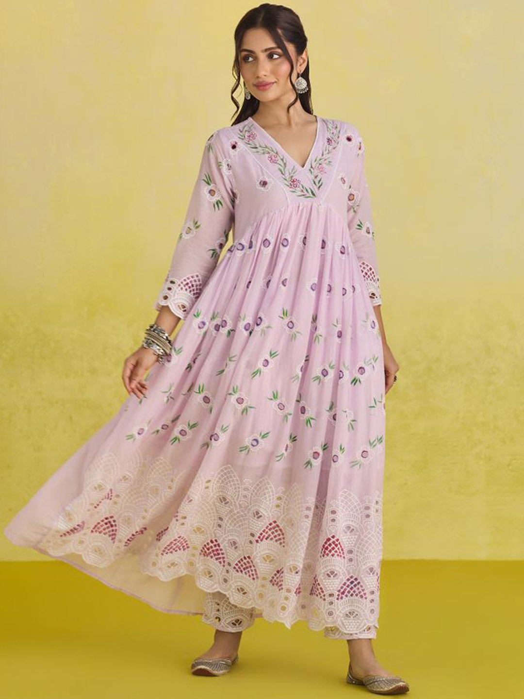

Anouk Ethnic Motifs Embroidered Pure Cotton Kurta With Palazzos & Dupatta, Purple