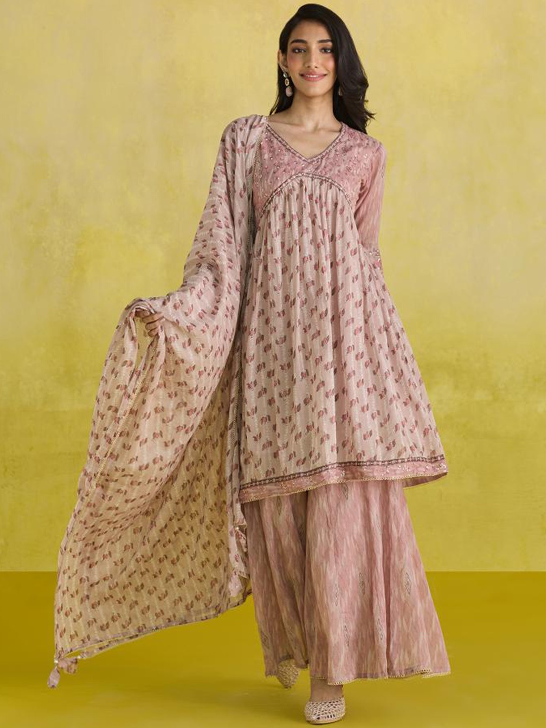 

Anouk Pink Ethnic Motifs Printed Pure Cotton Empire Kurta With Palazzos & Dupatta