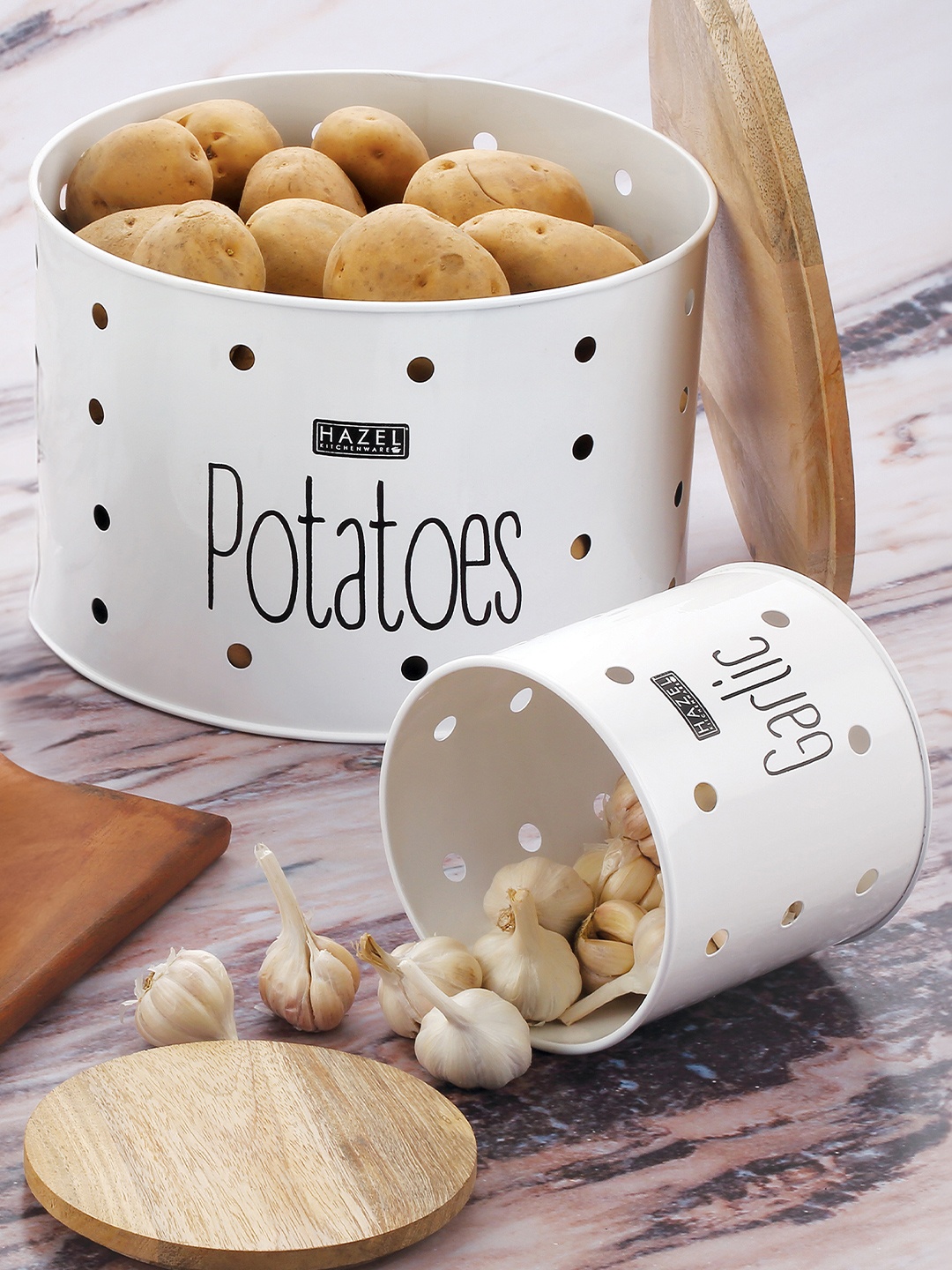 

HAZEL White & Brown 2 Pcs Metal Dishwasher Safe Potato Garlic Container