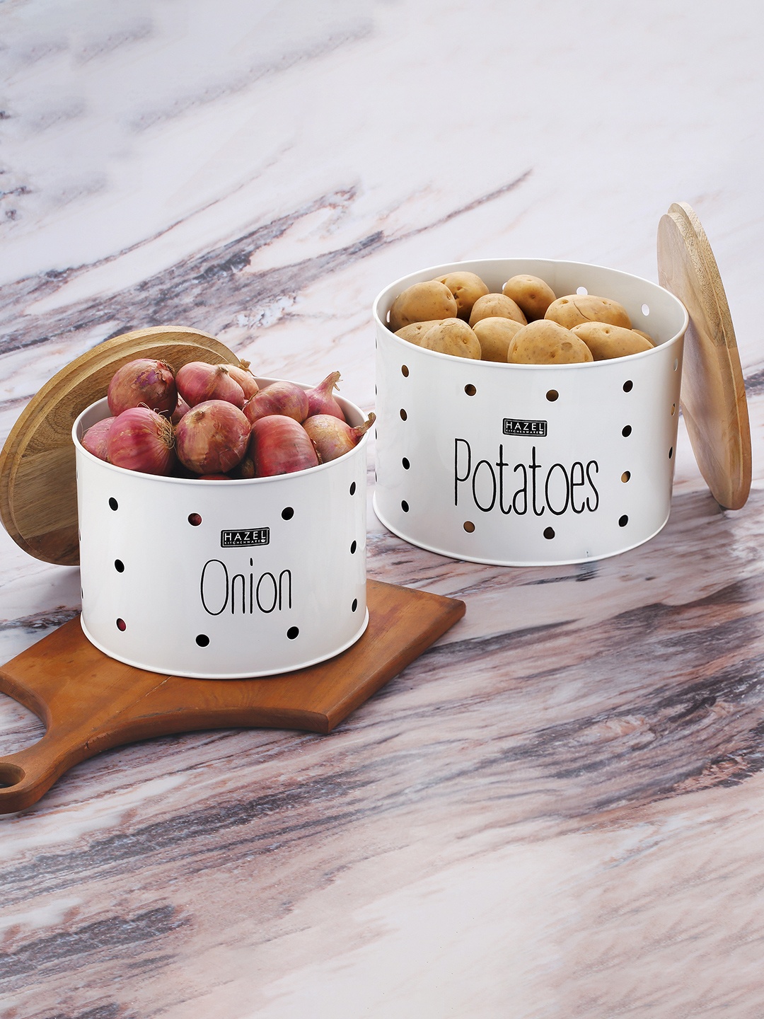 

HAZEL White 2 Pieces Metal Dishwasher Safe Potato Onion Storage Container