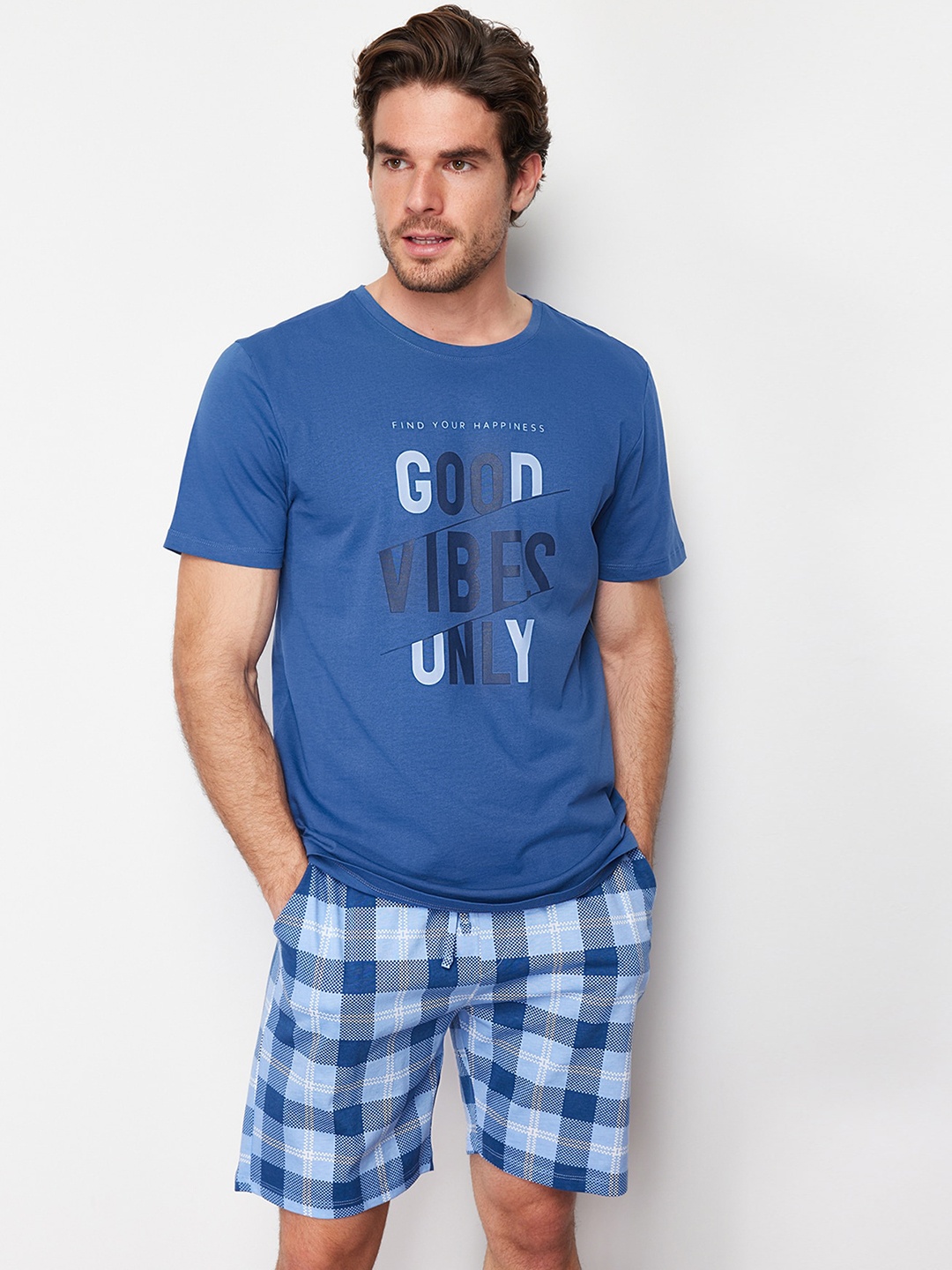 

Trendyol Men Printed Pure Cotton Night suit, Blue