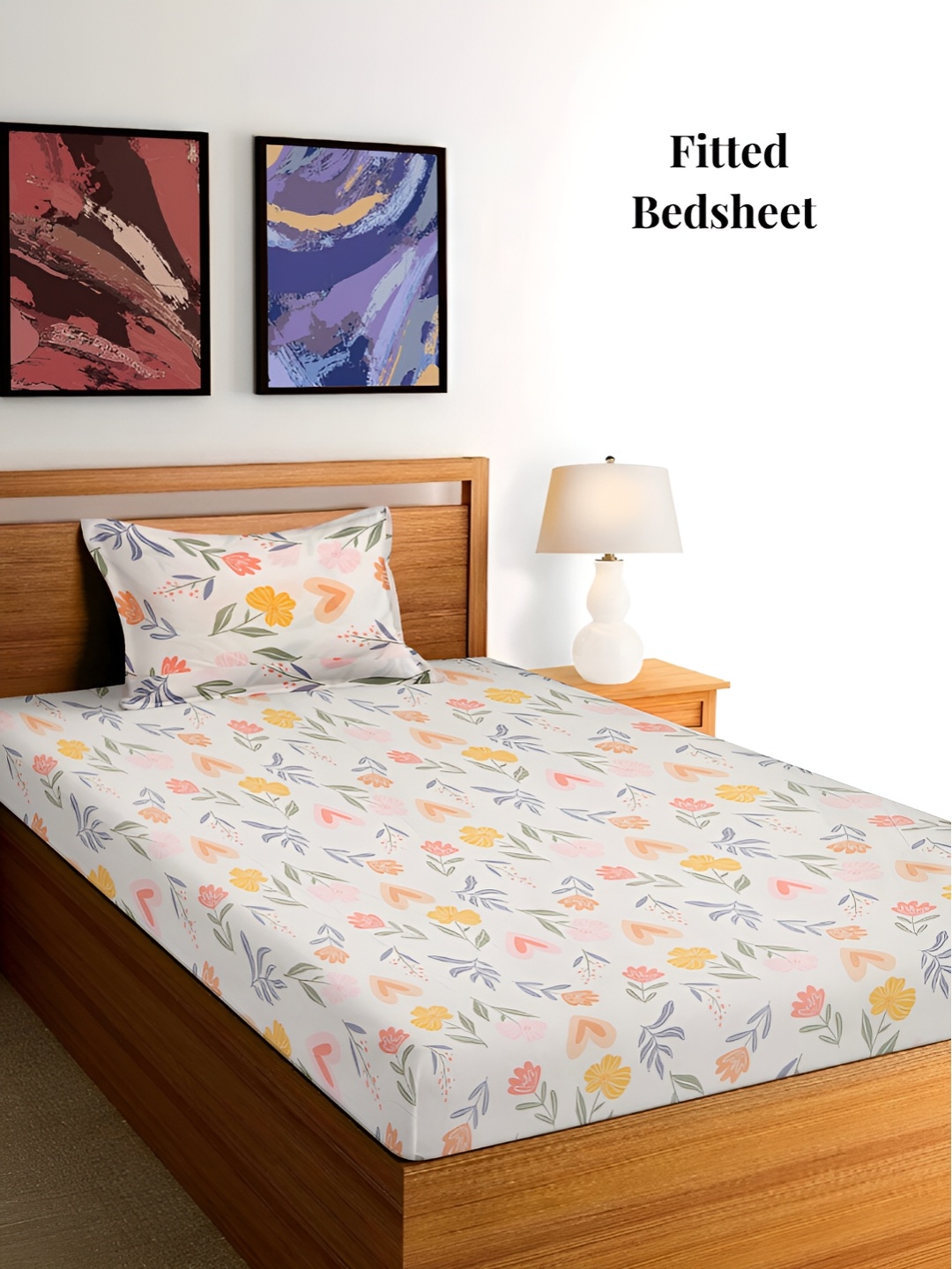 

Arrabi Cream-Coloured & Green Floral 300 TC Single Bedsheet with Pillow Cover