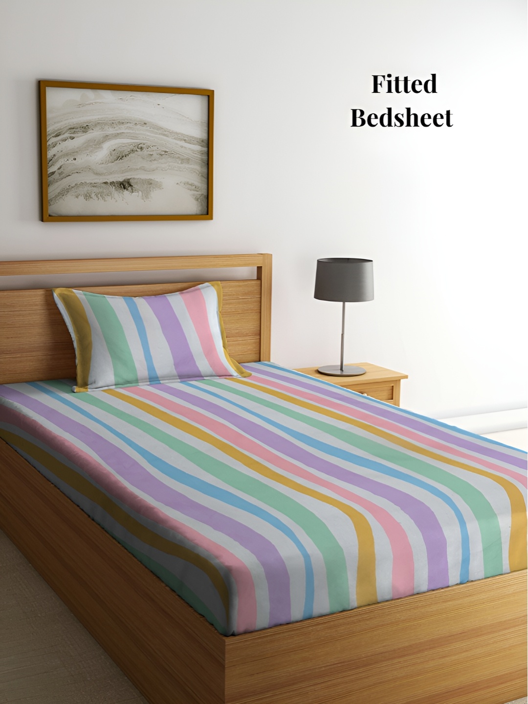 Arrabi Blue & Purple Striped 300 TC Single Bedsheet with Pillow Cover